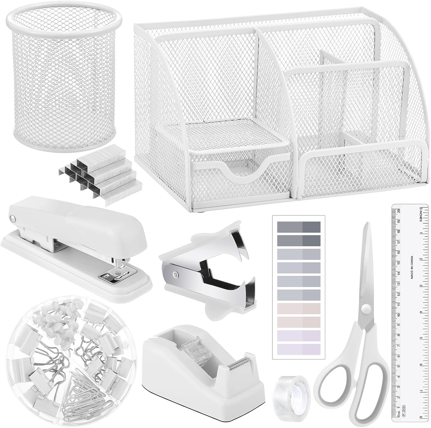 11 in 1 Desk Organizers and Accessories - White Office Supplies - Includes White Stapler, Tape Dispenser, Pen Holder, Staple Remover, Clips, Ruler, Scissors, Tapes, Tabs