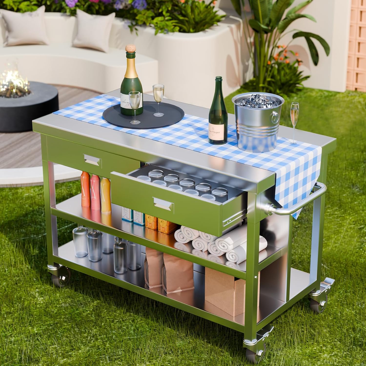 Stainless Steel Kitchen Island with Storage, Rolling Kitchen Island Cart on Wheels with 2 Drawers, Industrial Kitchen Cart, Commercial Portable Island for Kitchen, Bar, Outdoor Patio, 25 x 50 x 37 in