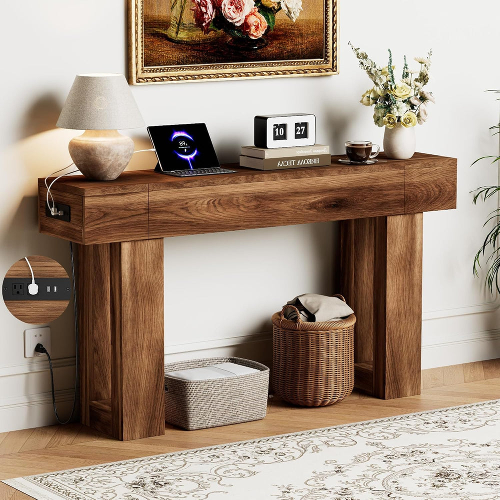 63 Inch Long Console Table w/Outlets & USB Ports, Narrow Rectangular Sofa...