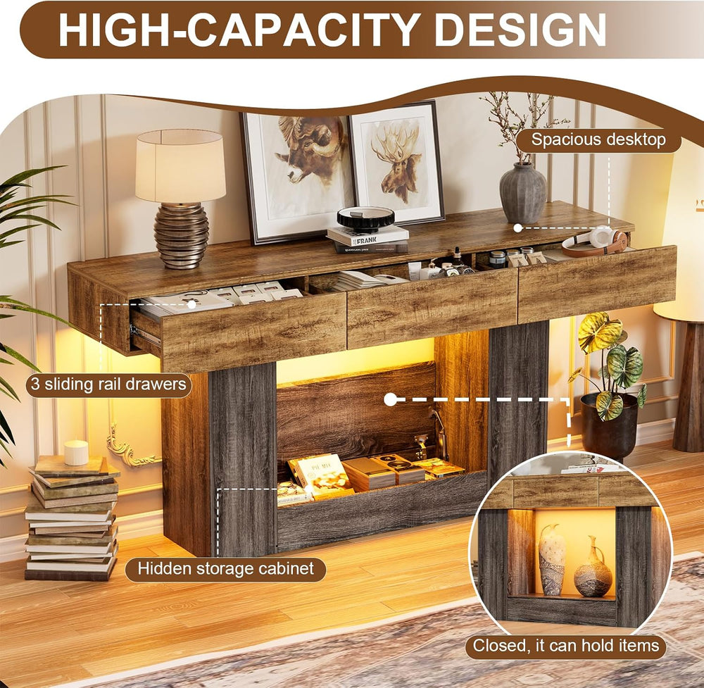 PAKASEPT 63'' Farmhouse Entryway Table with 3 Drawers & LED Light...