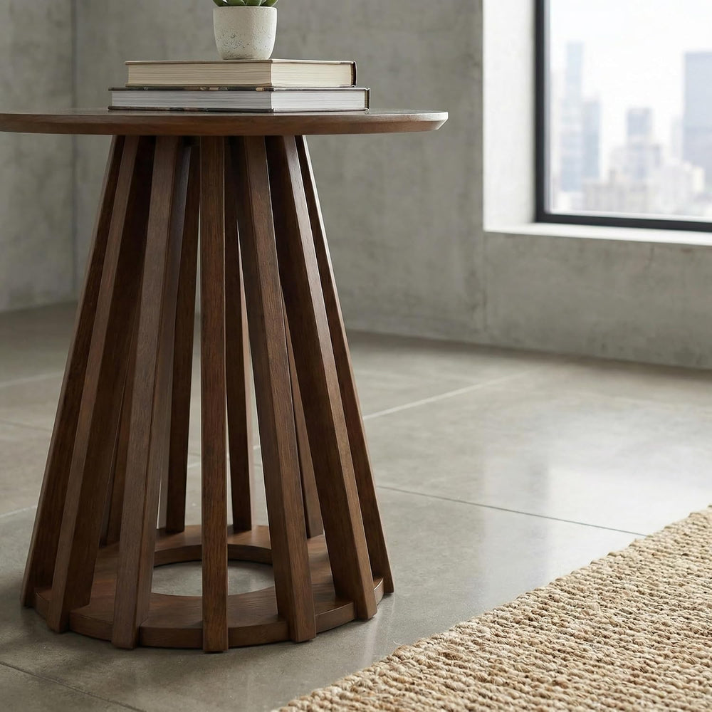 DUOMAY Modern Solid Wood Round Side Table with Geometric Base, Wood Accent En...