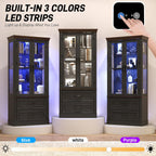 St.Mandyu 71" Tall Display Cabinet with Glass Doors, Curio Case with LED Sensor Lights and 2 Storage Drawers for Living Room, Home, Kitchen, Black