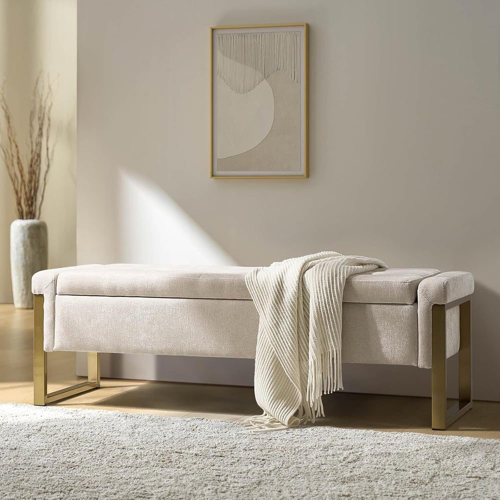 Modern Storage Ottoman Bench with Gold Metal Legs Upholstered Footrest End-of...