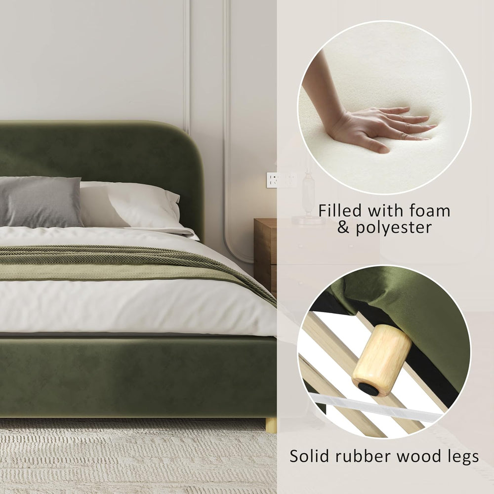 Merax King Boucle Fabric Platform Bed with Curved Headboard, Olive Green
