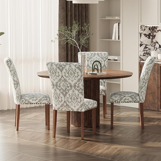 Stylish Dining Chairs Set of 4, Upholstered Parsons Dining Room Chair with Nailhead Trim, Kitchen Room Chair with Thick Cushions and Wood Legs, Nailhead Trim, SKY2050A-01