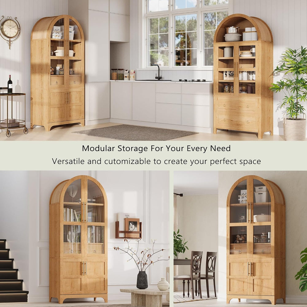 SOFTSEA Arched Kitchen Pantry Cabinet, with Hidden Drawer & Glass Door, 7...