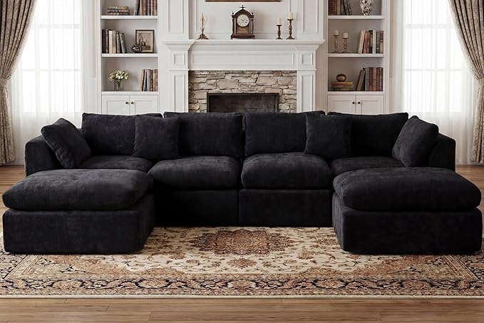 141'' Oversized Cloud Sectional Boneless Couch for Living Room, Modern Big Compressed U Shape Couch with 2 Ottoman 2 Throw Pillows, Comfy Chenille Deep Seat Memory Foam Spineless 6 Seater Sofa,Black | No Assembly Needed, Premium Chenille, Flexible Modu...