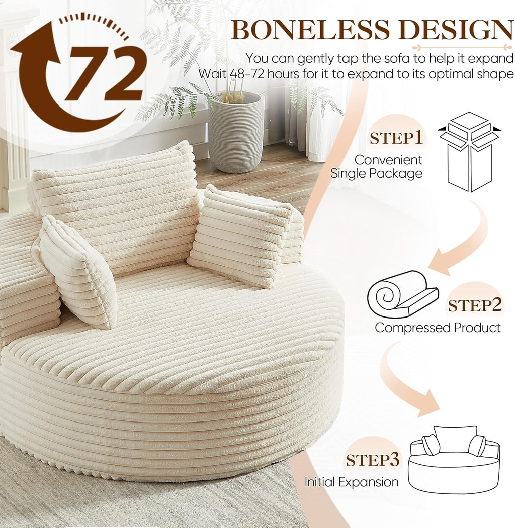 Oversized Round Chaise Longue Chair Indoor, Modern 55-inch Upholstered Corduroy Deep Seat Circle Single Cloud Lounge Floor Sofa Chair for Living Room, Bedroom Apartment, Beige