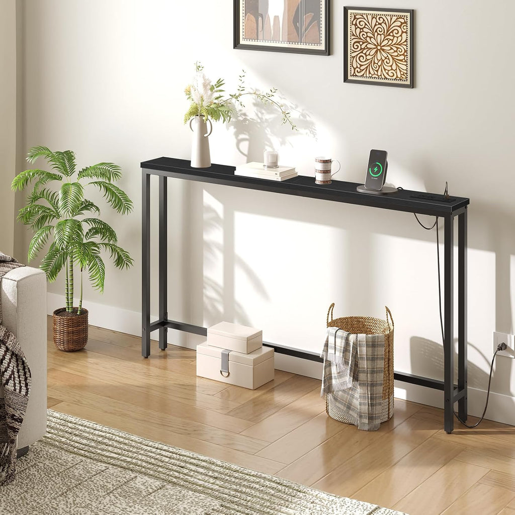 HOOBRO 55.1" Narrow Console Table with Power Outlets, 5.9" Behind Couch Table with Charging Station, Long Sofa Table, Skinny Entryway Table for Living Room, Hallway, Foyer, Black BB145UXG01