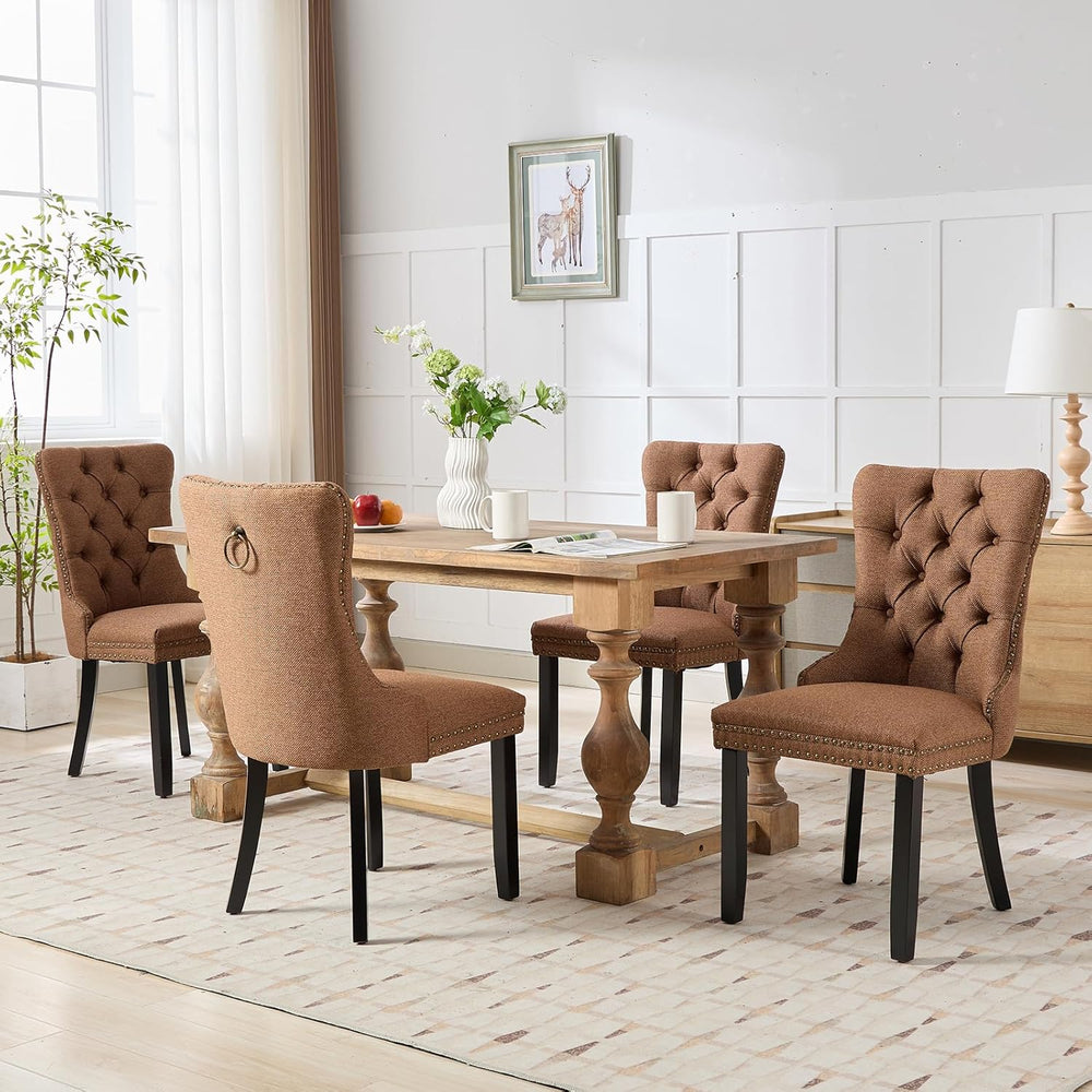 Espresso Brown Mid Century Modern Dining Chairs Set of 4, Linen Upholstered K...