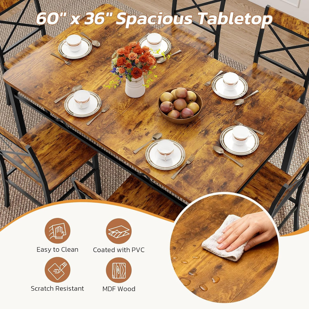 Zevemomo 7-Piece Dining Table Set, Kitchen Table Chairs Set of 6, Brown | Din...