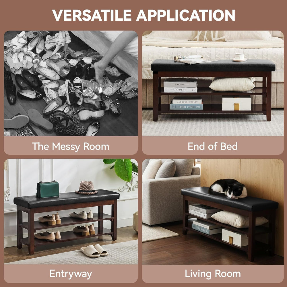 40" Shoe Bench with Leather Cushion, 2-Tier Shoe Rack Entryway Bench, Wo...