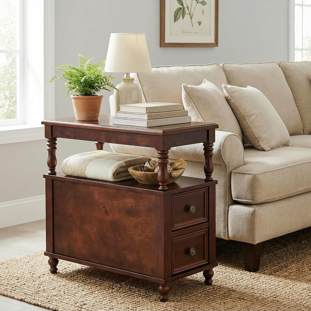 Tribesigns Wood End Table with 2 Drawers, Mid-Century Wooden Slim Side Table ...