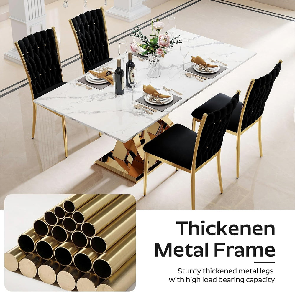 Modern Dining Chairs Set of 4, Black Velvet Woven Kitchen Chair with Golden M...