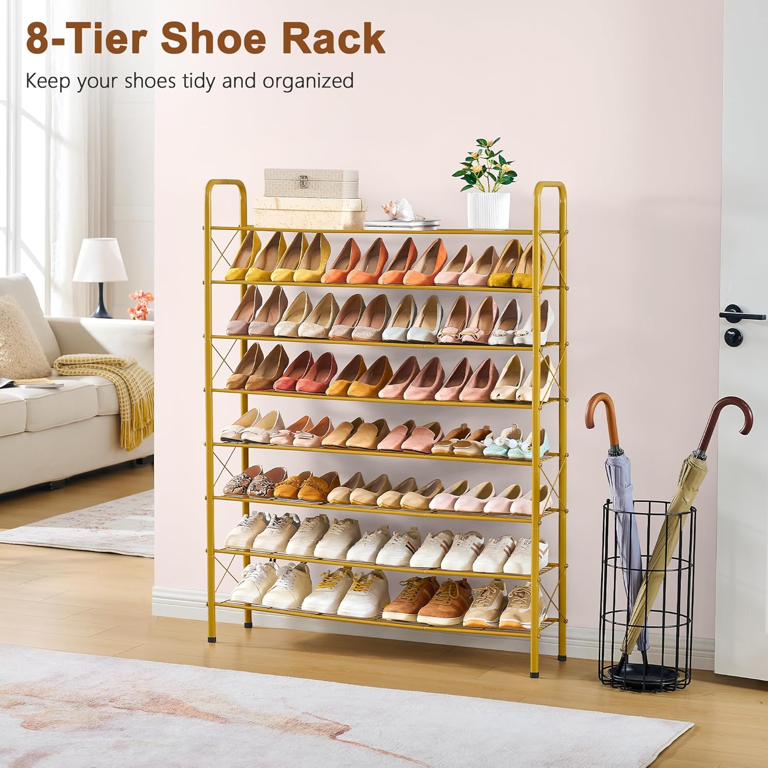 Hoctieon 8 Tier Shoe Rack for Closet, Durable Mesh Style Shoe Rack, Entryway Shoe Shelf, Shoe Storage Organizer for Hallway, Bedroom, Living Room, Wardrobe, Gold