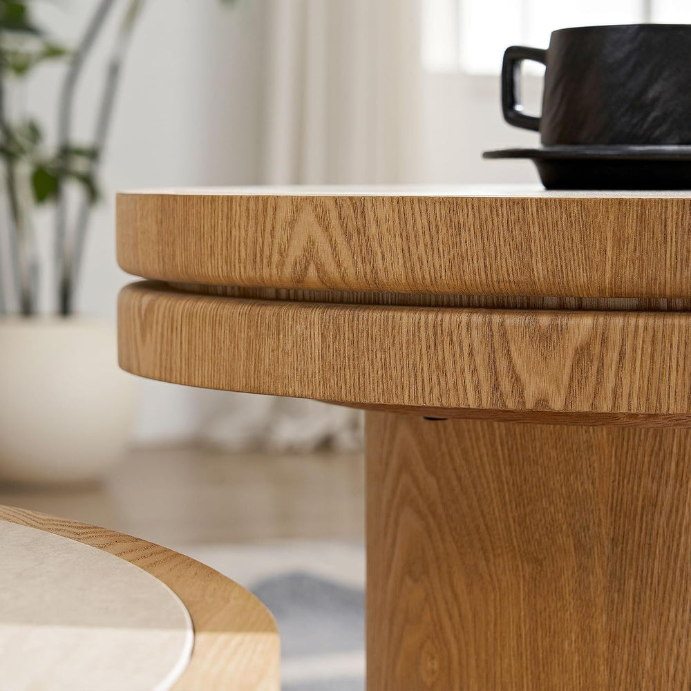 Round End Table Modern Side Table with Sintered Stone Top & Natural Wood ...