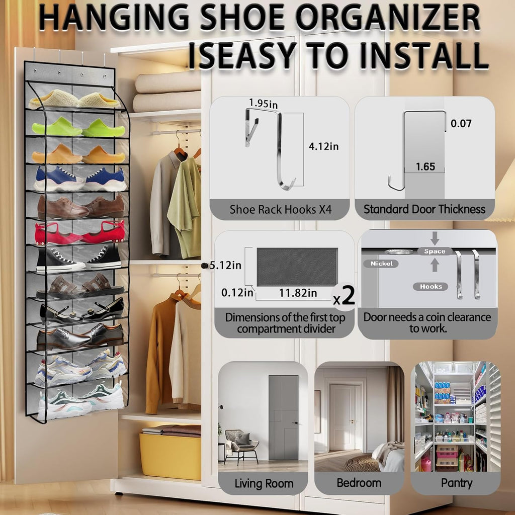 Over The Door Shoe Organizer with 12 Large Breathable Pockets - Sturdy Hanging Storage for Shoes of All Ages - Gray