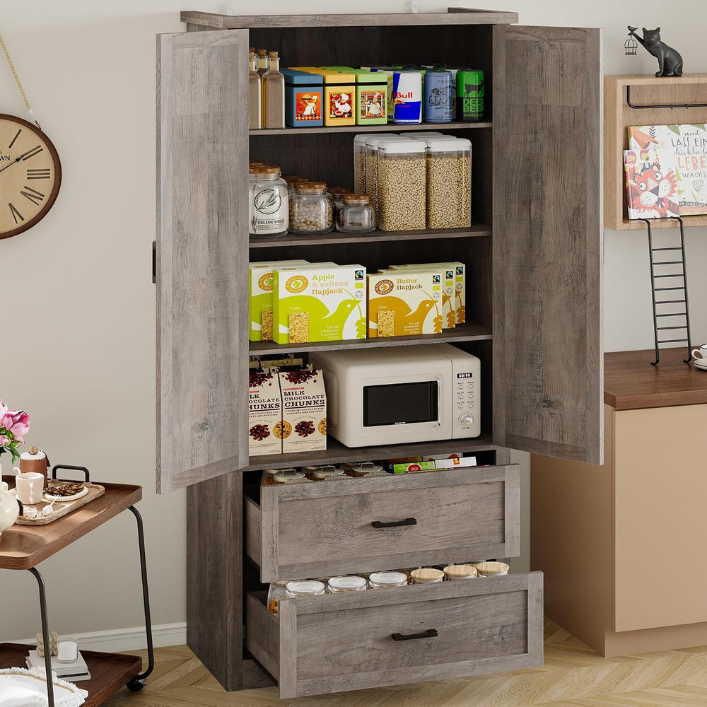 BORNOON Pantry Organizers and Storage Cabinet, 71” Barn Door White Kitchen Ca...