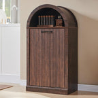 Arch Tilt-Out Trash Can Cabinet, Fluted Kitchen Trash Can 10 Gallon with Open Shelf, Modern Laundry Hamper Cabinet, Hidden Garbage Can with Storage Basket for Living Room, Kitchen Brown