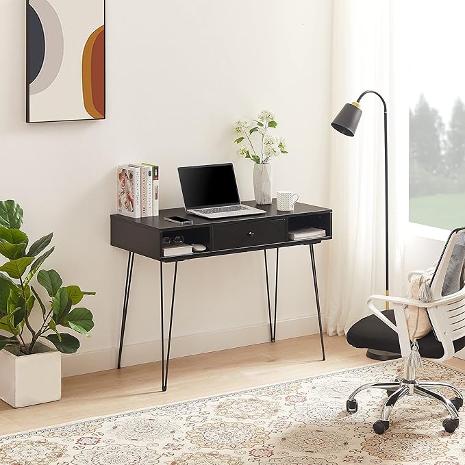 VECELO 39.3" Home Office Work Table with Drawers,Computer Desk with Hairpin Leg for Writing/Study,Black