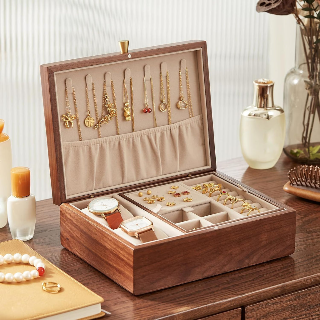 CHOSIN Black Walnut Wooden Jewelry Box for Women 2 Layer Jewelry Organizer with Removable Tray for Watches Rings Earrings Necklace Bracelets Storage Christmas Gifts