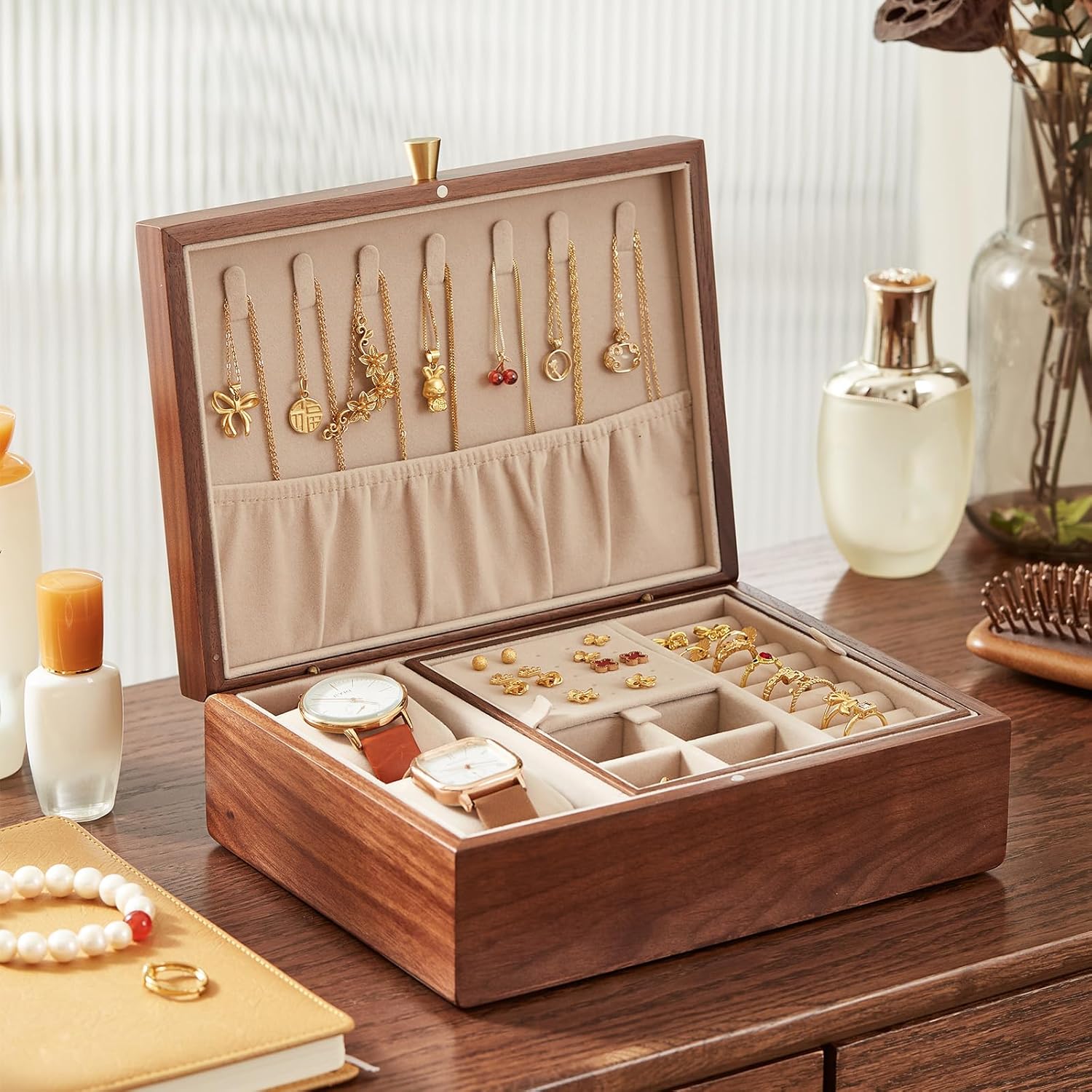 CHOSIN Black Walnut Wooden Jewelry Box for Women 2 Layer Jewelry Organizer with Removable Tray for Watches Rings Earrings Necklace Bracelets Storage Christmas Gifts