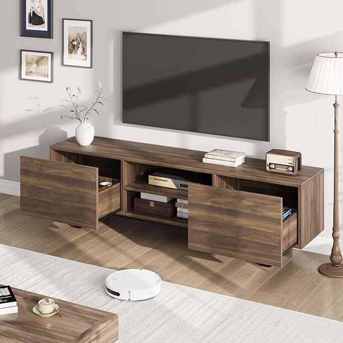 GarveeHome Industrial TV Stand for 80 in, Modern Entertainment Center with 2 Drawers, Wooden Media Cabinet with Heavy Duty Leg and Open Storage, TV Console Table for Living Room, Walnut