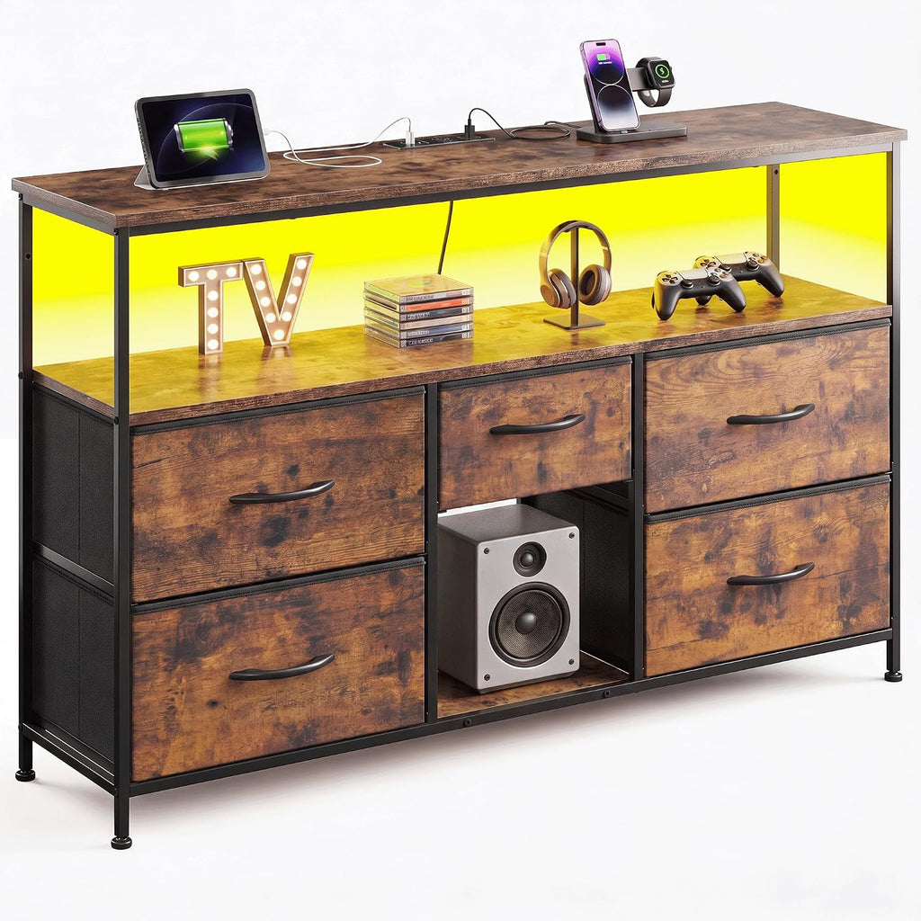 Romorgniz TV Stand for 45/50" TVs, 5 Drawers & LED Lights & Power Outlets | Strong Metal Frame for Stability, Spacious Shelves Display Collections & Keep Organized, Dresser for Bedroom & Studio, Brown