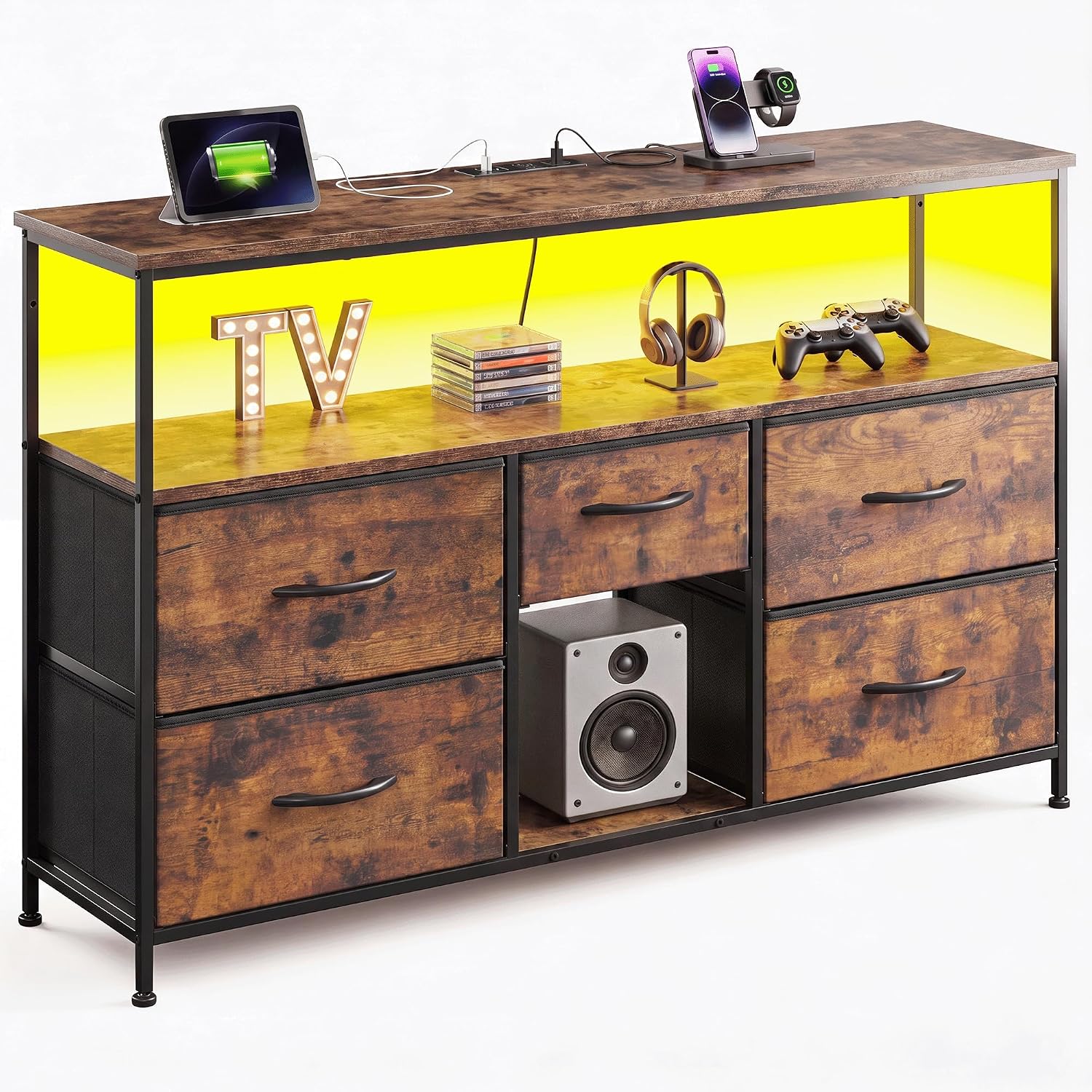 Romorgniz TV Stand for 45/50" TVs, 5 Drawers & LED Lights & Power Outlets | Strong Metal Frame for Stability, Spacious Shelves Display Collections & Keep Organized, Dresser for Bedroom & Studio, Brown