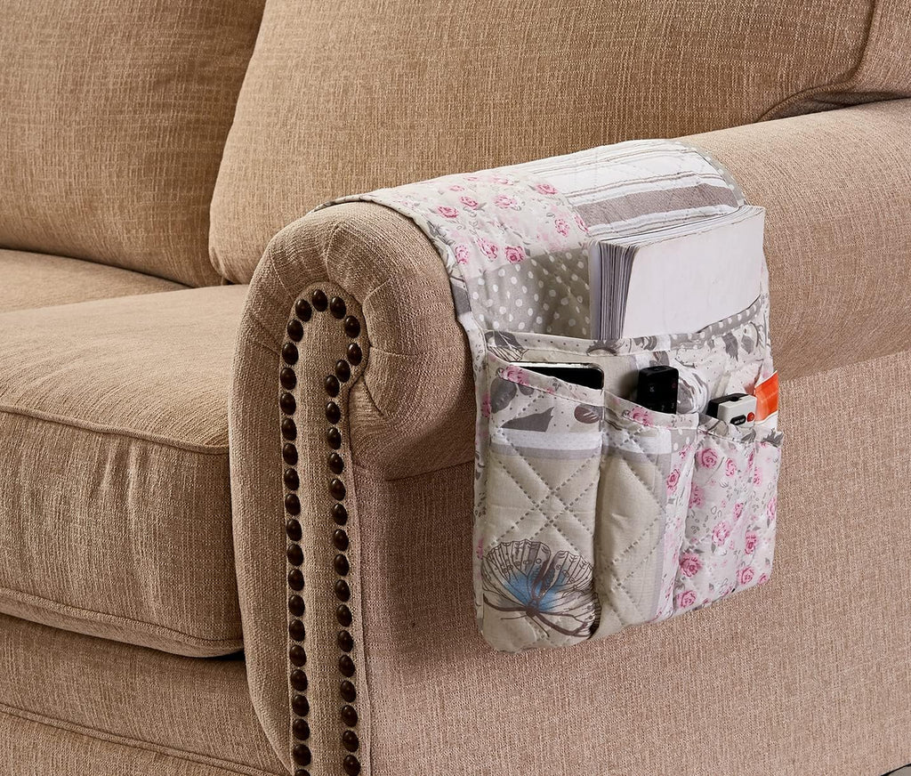 Brilliant Sunshine Grey Cupid and Pink Rose Patchwork Sofa Armrest 5 Pockets Organizer, Slip Resistant Armchair Caddy, Washable Remote Controls Holder, Storage for Magazine, Tablet, 35×13",Pink Grey