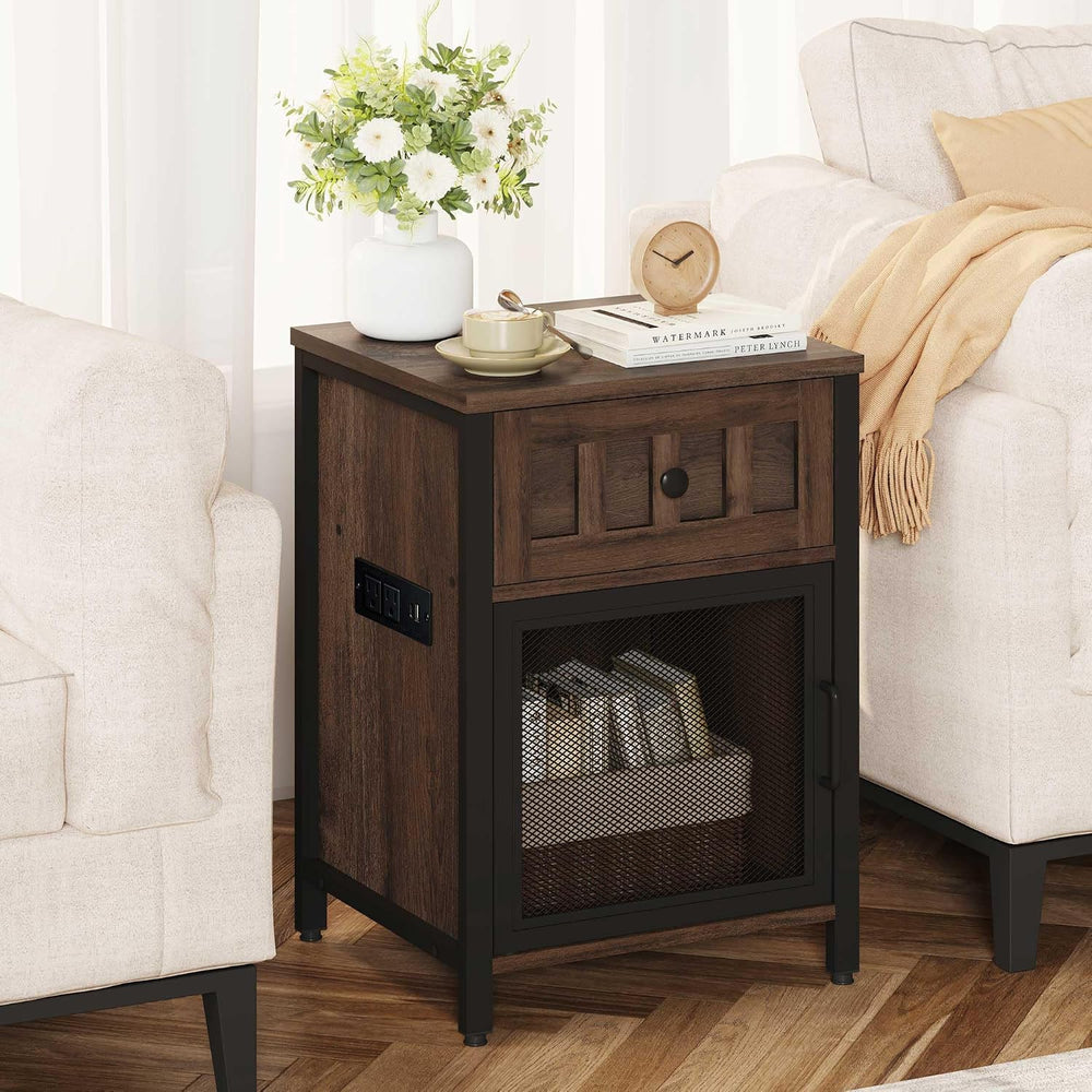 FATORRI End Table with Charging Station, Farmhouse Side Table with Drawer, Ru...