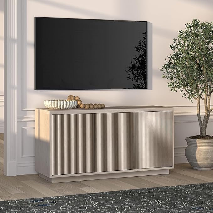 Henn&Hart Fluted TV Stand for TVs up to 55" with 3 Swing Out Ribbed Doors and Adjustable Shelves for Living Room, Family Room, or Office, Beech White
