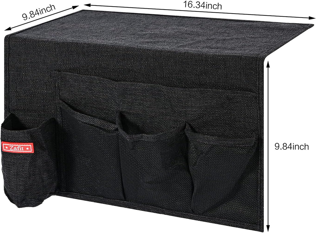 Linen 5 Pockets Bedside Caddy, Bedside Storage Organizer with Water Bottle Holder for Magazine, Remotes, Phone (Black)