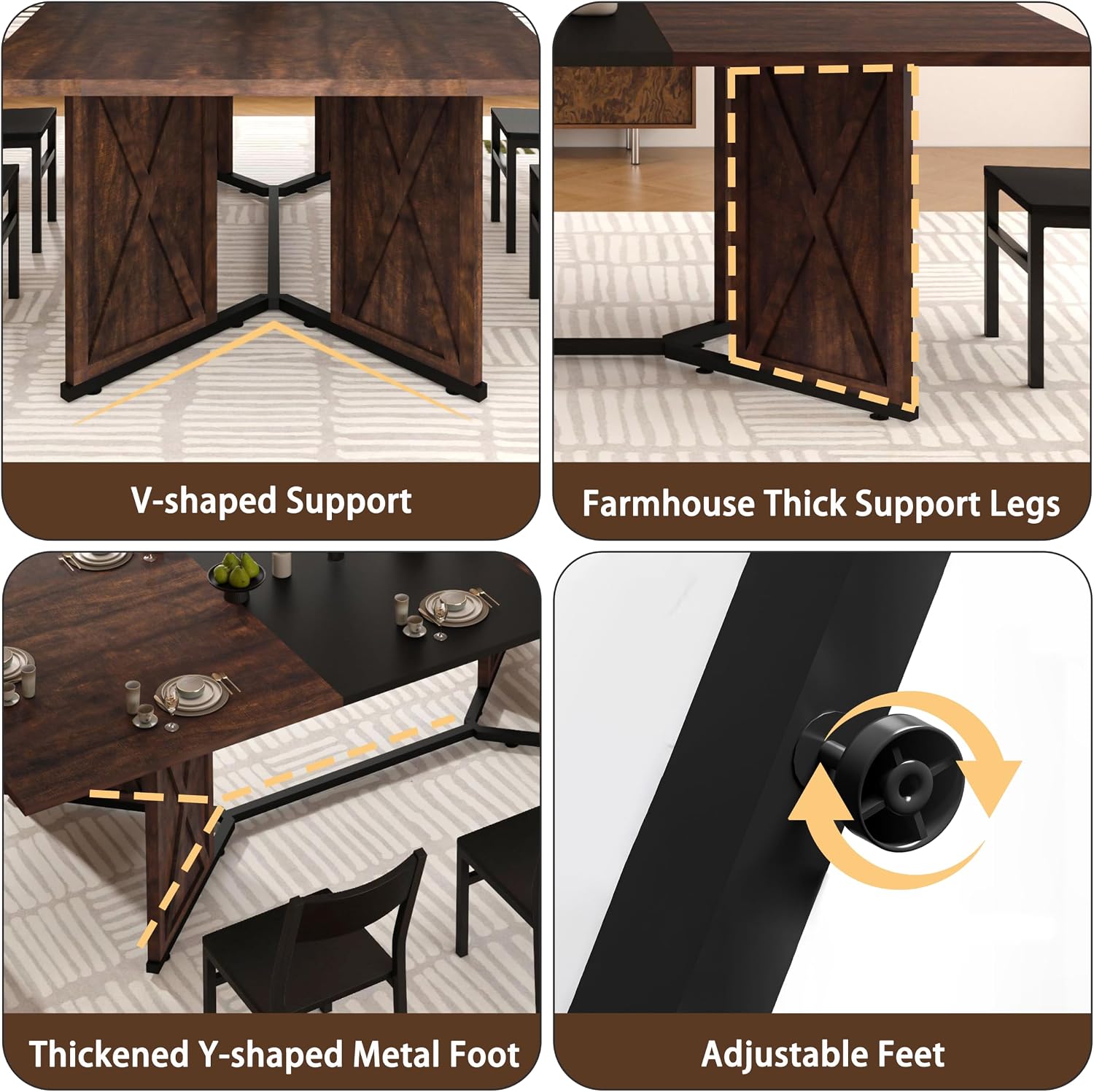 78.7 Inch Dining Table for 8 People, Large Rectangular Farmhouse Kitchen Table with Waterproof Wood Tabletop and Adjustable Leg for Kitchen Dining Room, Brown