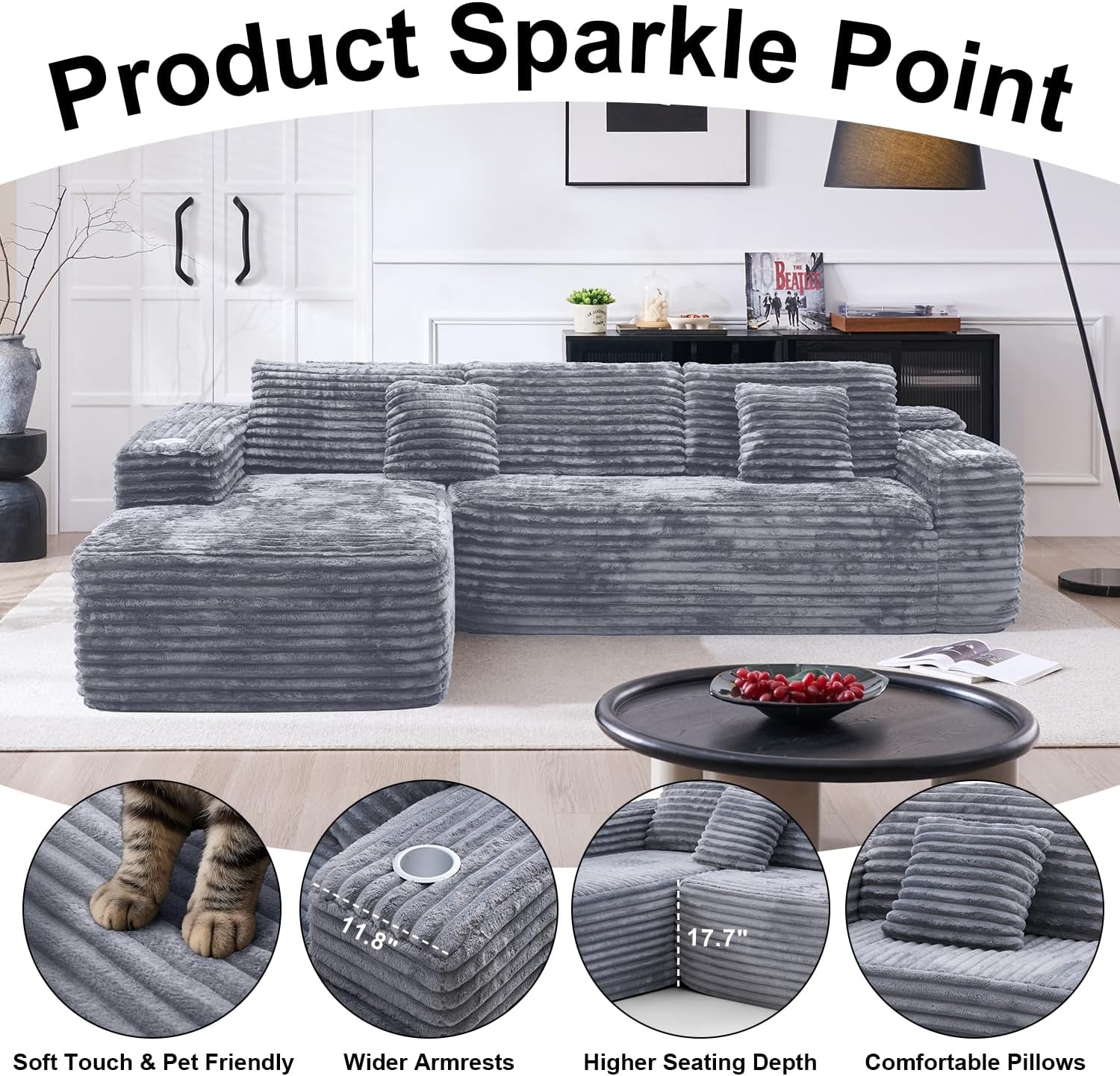 Cloud Sectional Couch with L-Shape Chaise, Modern Modular Sofa with Deep Seat, Built-in Cup Holder & Storage Pocket for Living Room Bedroom, No Assembly Required (Light Gray, Left Facing Chaise)