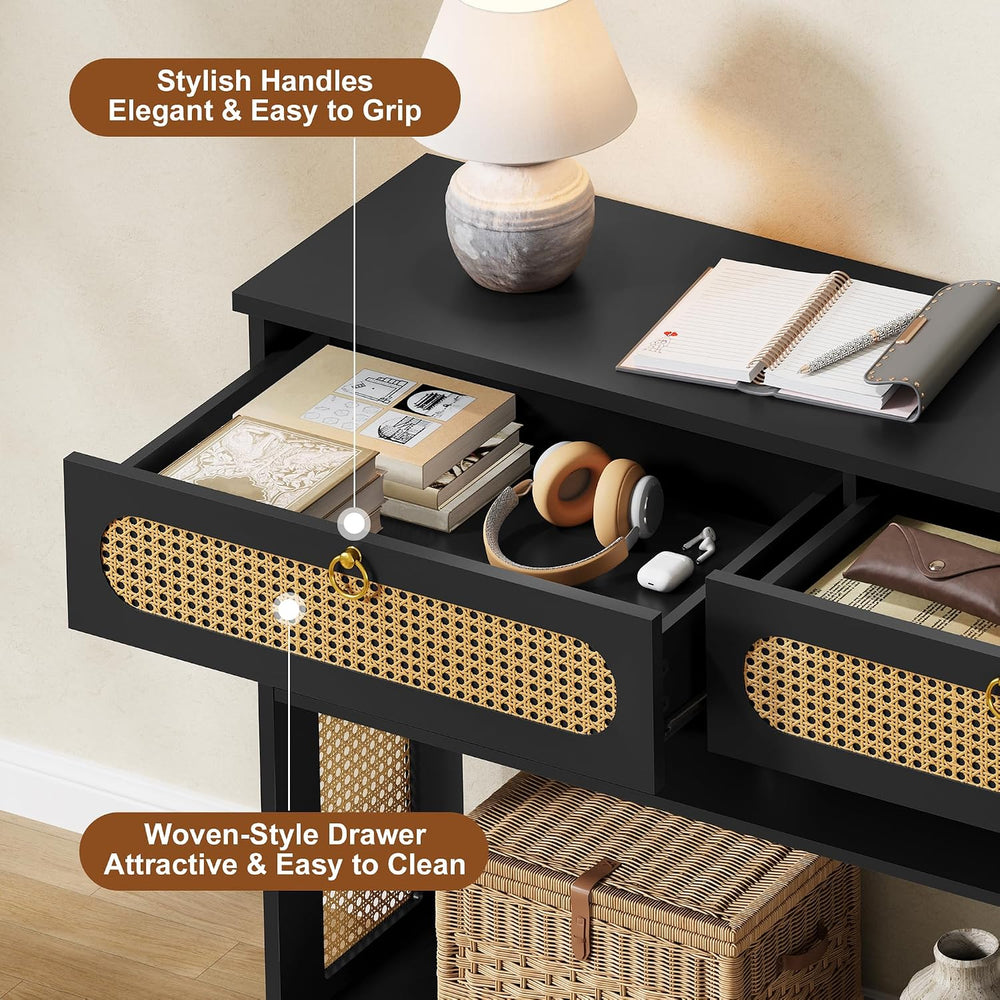 Hoctieon Rattan Console Table with 2 Drawers, 3-Tier Boho Woven Entryway Tabl...