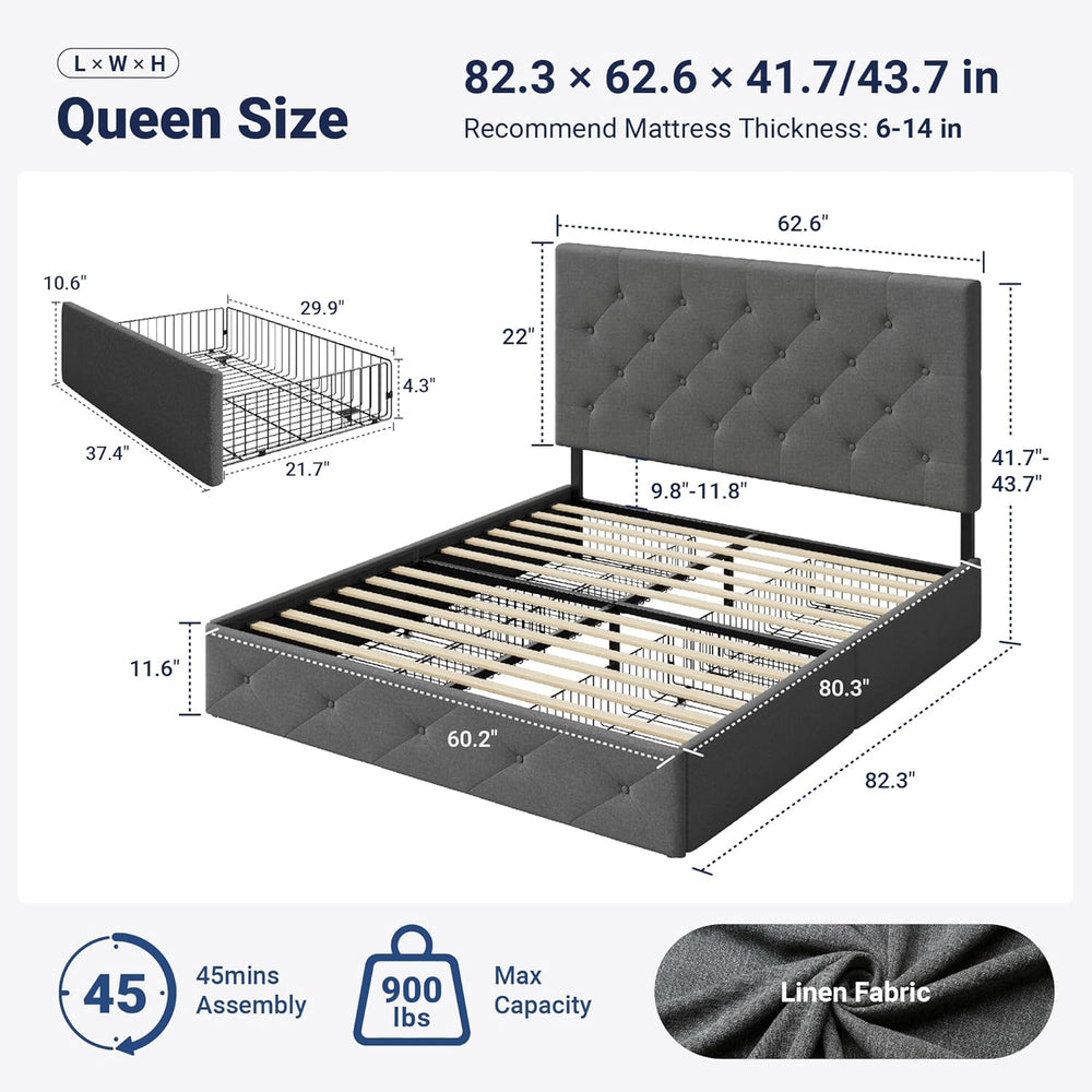 Allewie Queen Size Storage Bed Frame with 4 Underbed Drawers, Light Grey
