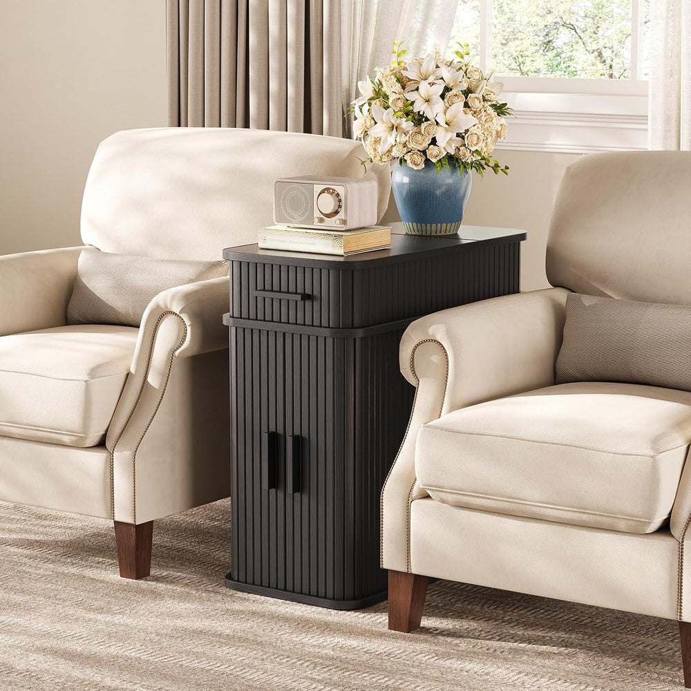 Side End Table with Charging Station, Slim Nightstand with Drawer, Mid-Centur...