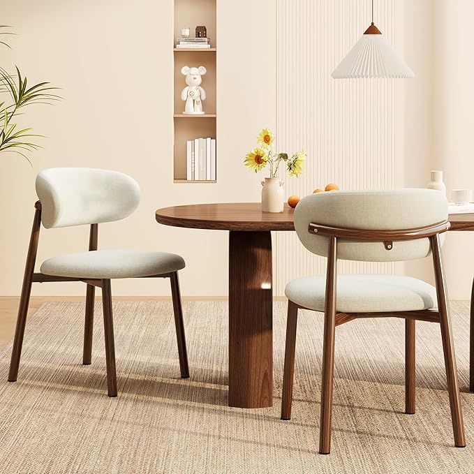 Kitchen Dining Chairs Set of 6 Modern Soft Linen Farmhouse Dining Room Chair with Metal Legs, Beige/Walnut
