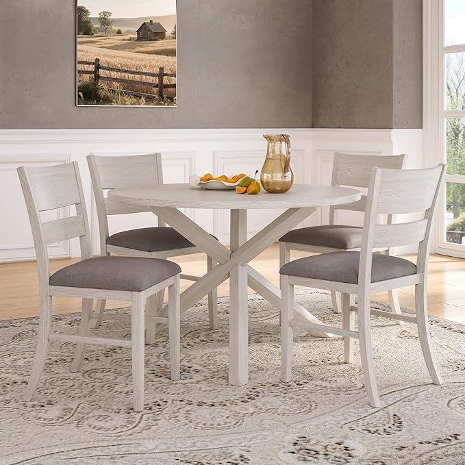 VECELO Peatuk 4-Piece Solid Wood Dining Table Set for 4-6, Modern Breakfast Dinette Kitchen Table with Chairs for Dining Room, Kitchen, Grey