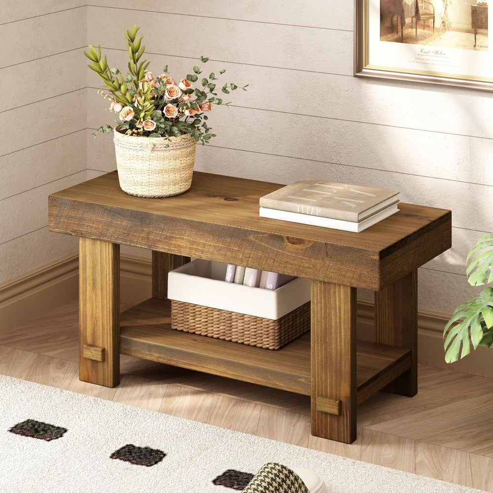 HOKYHOKY Solid Wood Entryway Bench - 31.5" Farmhouse Small Storage Bench...