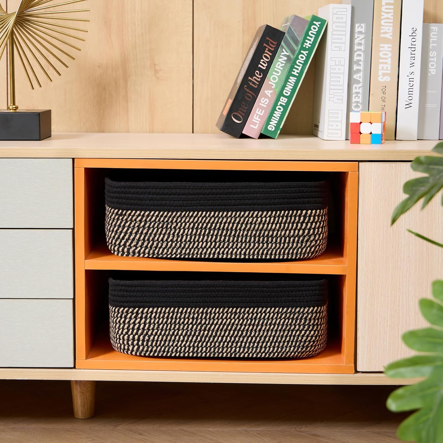 Large Shallow Organizing Baskets 15x11x5.1 Inches - Rope Woven Storage Bins for Bathroom, Shelves, Cube Closet, Black Woven Brown 3 Packs