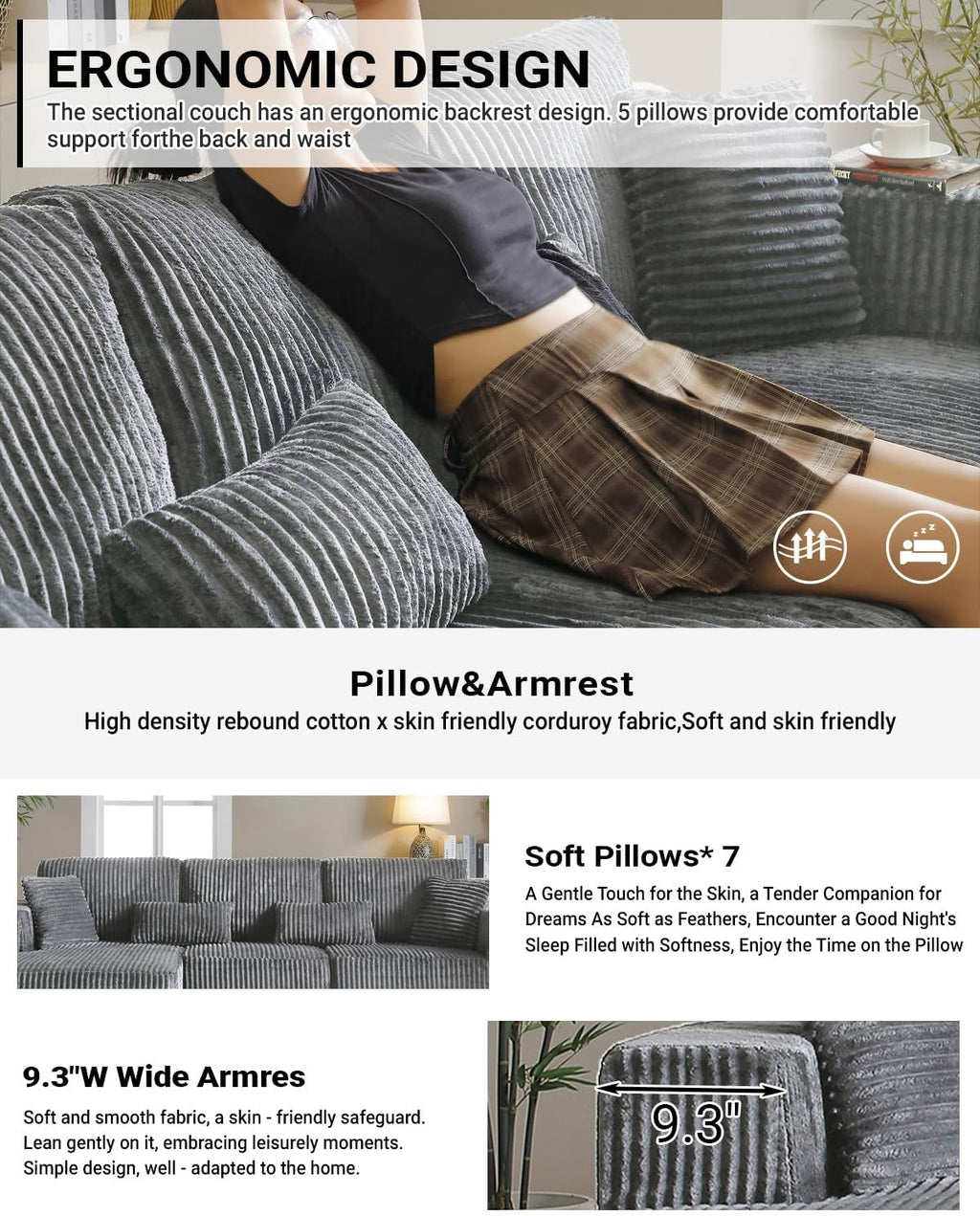 Cloud Sectional Couch, 110 Inch Modern Modular Sectional Sofa with Deep Seat, Corduroy Boneless Couches with L-Shape Left Chaise for Living Room Bedroom, No Assembly Required