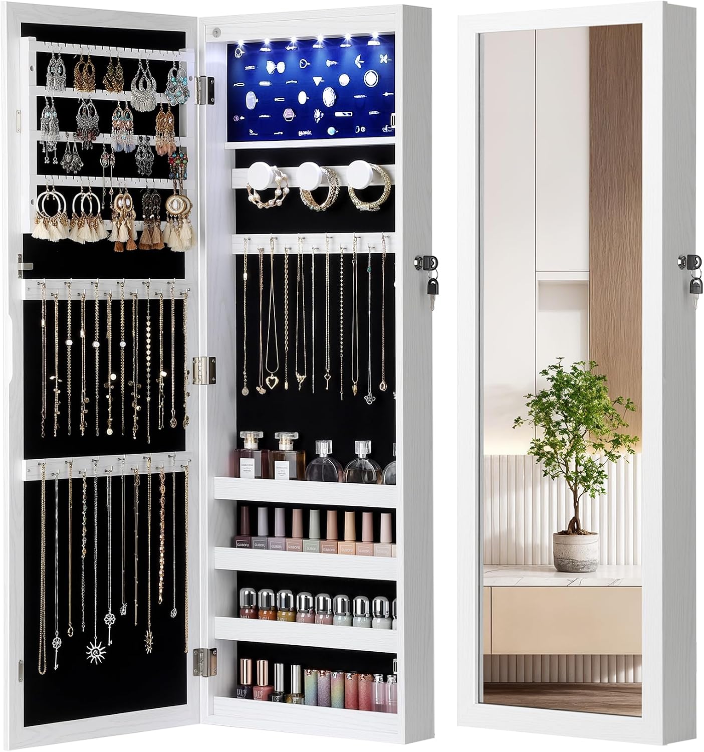 Nicetree 6 LEDs Jewelry Armoire, Hanging Mirror Jewelry Cabinet, White | Over the Door Jewelry Organizer, Lockable Mirror with Jewelry Storage, Auto-on Light, Gift Idea, Easy Assembly