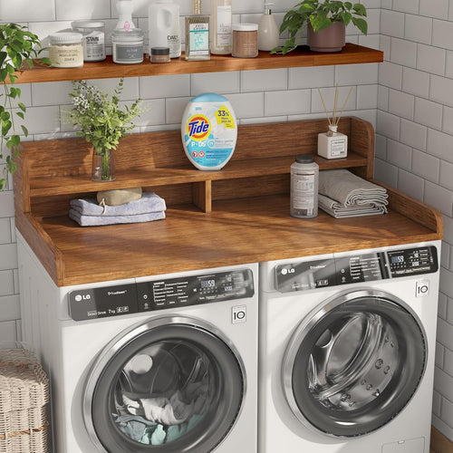 2-Tier Washer Dryer Countertop with 2.75"H Edge Rails, 54" W x 27.55" D Laundry Countertop for Folding Clothes, Washer and Dryer Topper with Non-Slip Pad (Brown)