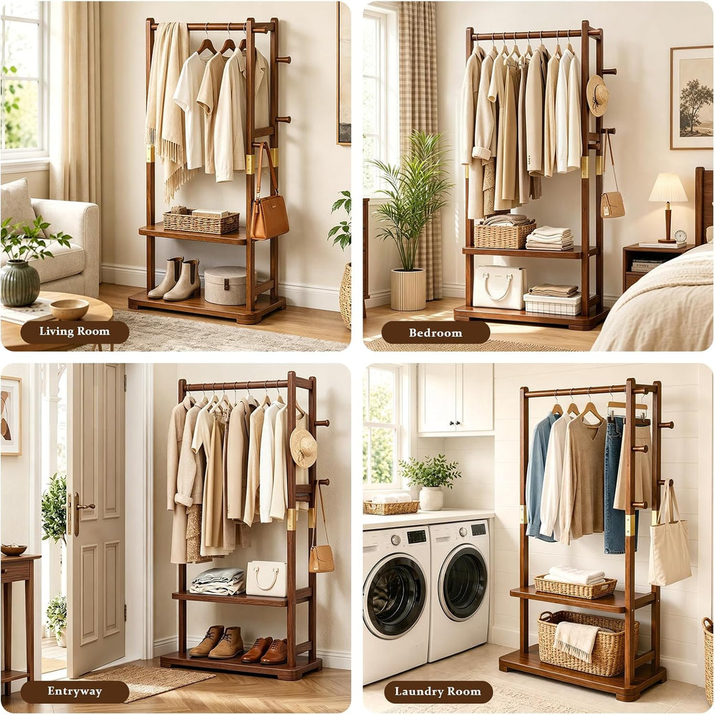 Taitiy Coat Rack Solid Wood Clothes Rack with 2 Shelves & 5 Hooks for Hanging Clothes Garment Wallets Hats, Clothing Rack Heavy Duty Coat Rack Freestanding with Storage Hall Tree for Hallway Bedroom
