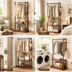 Taitiy Coat Rack Solid Wood Clothes Rack with 2 Shelves & 5 Hooks for Hanging Clothes Garment Wallets Hats, Clothing Rack Heavy Duty Coat Rack Freestanding with Storage Hall Tree for Hallway Bedroom