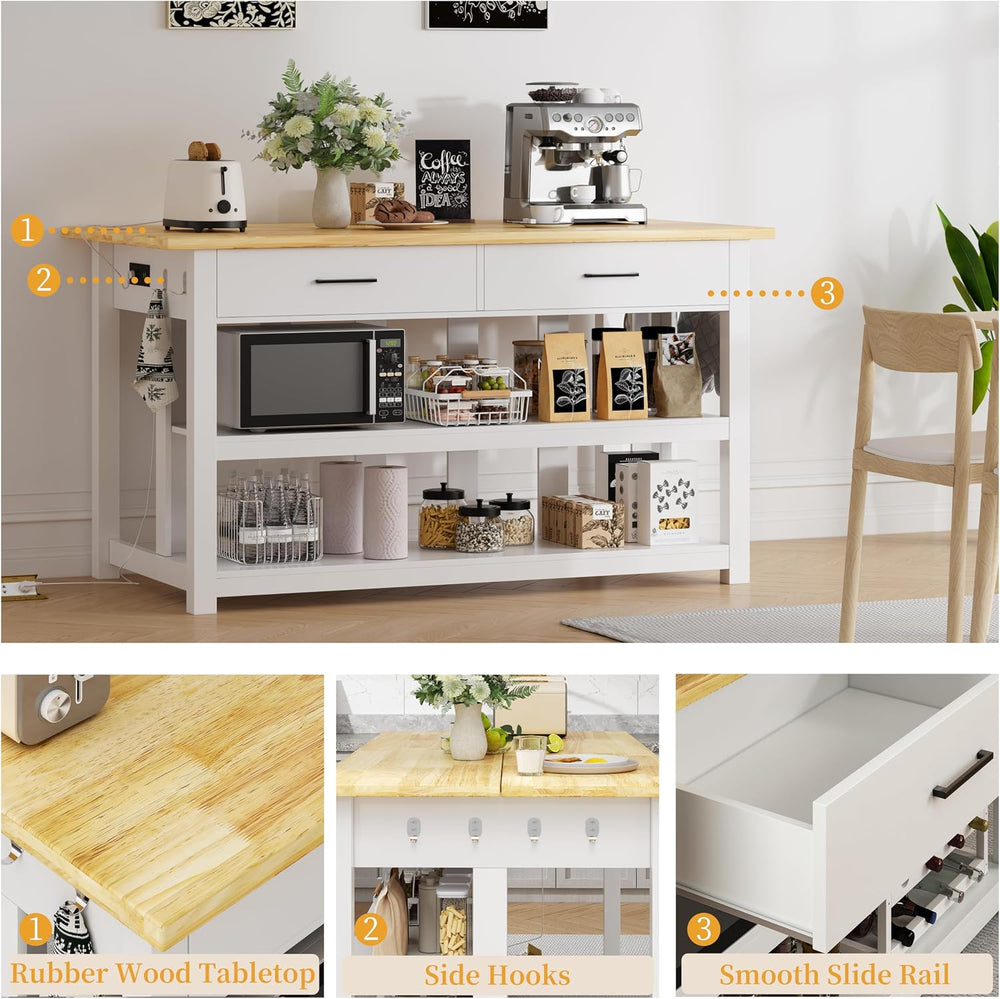 DynJest 47.3" Solid Rubberwood Kitchen Island with Power Outlets, White ...