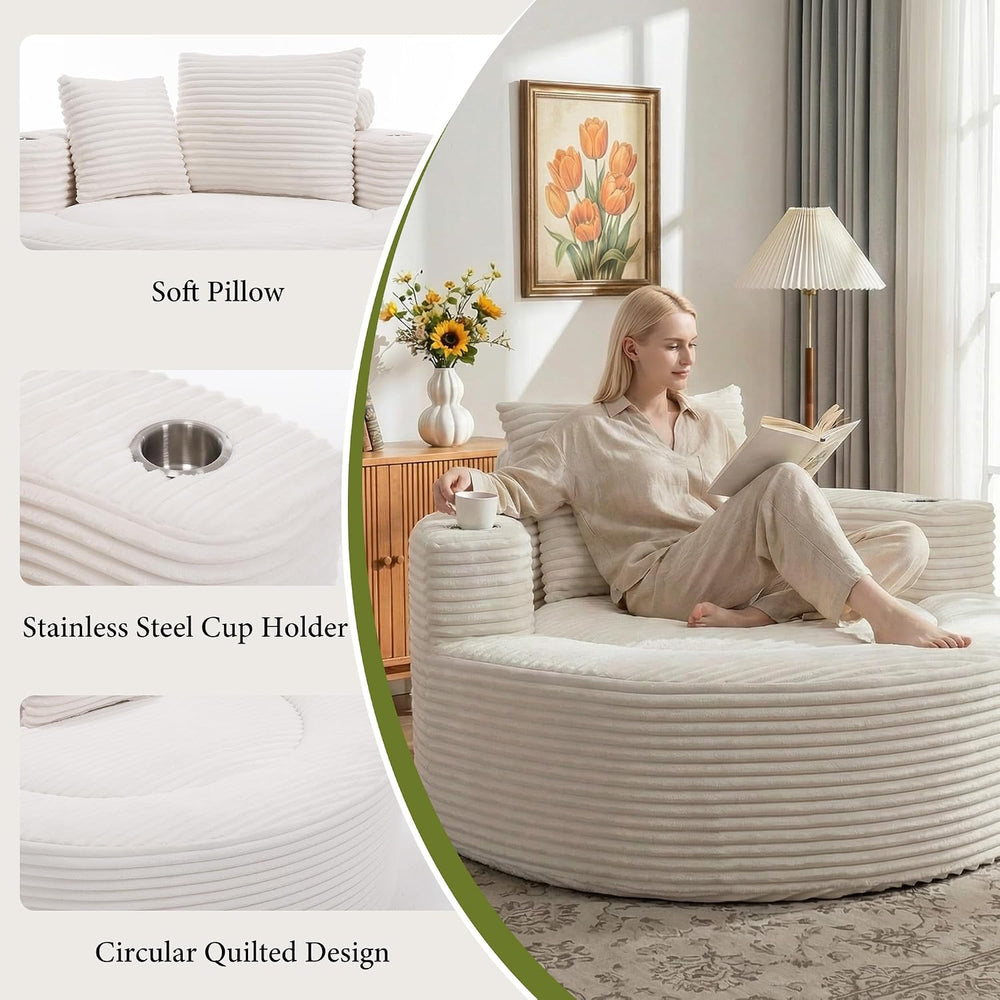 55.5" Oversized Round Chaise Lounge Chair Indoor, Corduroy White | Moder...