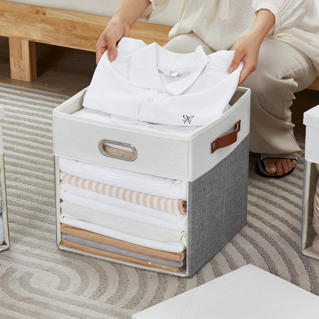 13x13 Inch Ultra Thick Fabric Storage Bins with Lids & Windows, 3P | Foldable, Closet Storage Bins, with 3 Handles, Home Decorative Boxes, for Bedroom, Living Room, Dorm, Office (Gray & White)